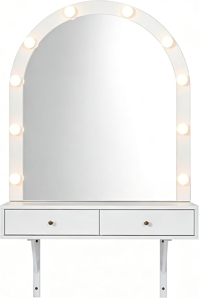 Floating Makeup Vanity Desk with Arched LED Mirror, 3-Color Lights, 2 Drawers, Charging Station, Wall Mounted, White