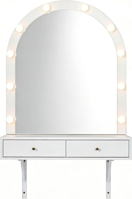 Floating Makeup Vanity Desk with Arched LED Mirror, 3-Color Lights, 2 Drawers, Charging Station, Wall Mounted, White