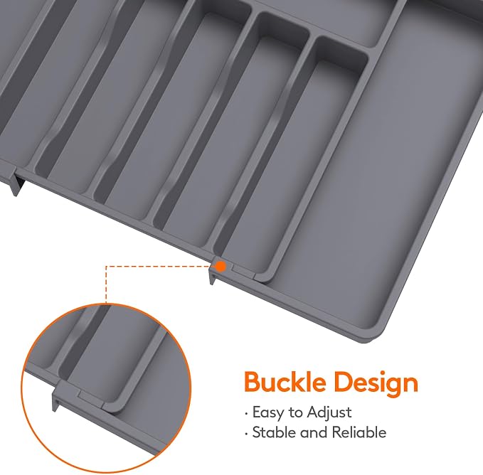 Lifewit Silverware Drawer Organizer, Expandable Utensil Tray for Kitchen, BPA Free Flatware and Cutlery Holder, Adjustable Plastic Storage for Spoons Forks Knives, 13-22 x 15", Dark Gray