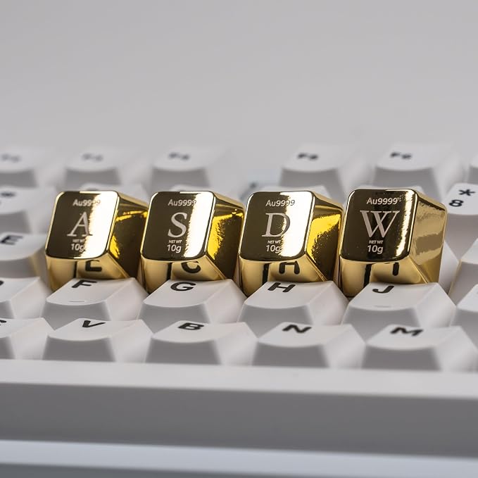 Artisan Zinc Alloy Golden Keycap for Mechanical Keyboard WASD Metal 4 Keys, 1U Size, Cherry Profile, Custom Keycap fit MX Switch Compatible, Decorative Design for Gaming and Typing