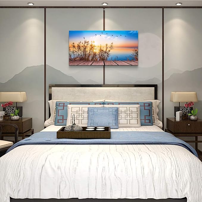 MHARTK66 Beach Sunset Wall Art Coastal Decor Seascape Canvas Prints Ocean Picture for Living Room Artwork for Walls Beach Grass Poster Landscape Painting Bedroom Wall Art Office Home Decoration 20"x 40"