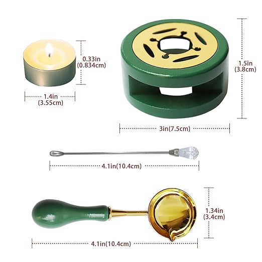 Green Wax Seal Warmer Furnace Kit Melting Furnace Tool Sealing Seal Stamp Warmer Stand with Spoon & Stir Stick and Tealight Candles Set for Wedding Wax Envelope Seal Stamp (Dark Green)