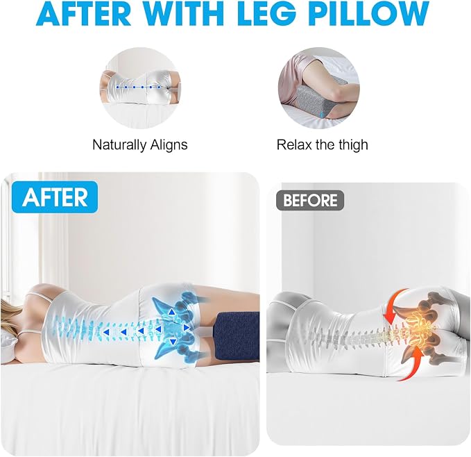 Knee Pillow for Side Sleepers with Cooling Gel, Memory Foam Elevation Pillow for Spine Aligning, Sciatica, Back, Hip, Knee, Ankle Pain, Blue/Large