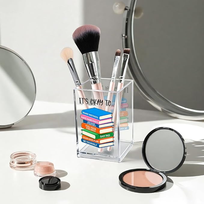 It's Okay To Make Mistakes Acrylic Cosmetic Pencil Pen Holder Cup, Motivational Desk Organizer Accessory for Office School, Inspirational Quote Gifts for Women Book Lover Coworker Sister Teacher