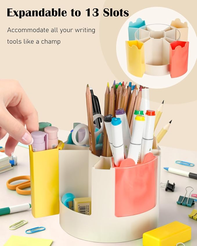 Uniclife 360° Rotating Pen Holder for Desk, 13 Slots Rotating Pencil Holder with Stickers, 360 Degree Spinning Desk Organizer, Cute Desktop Stationery Organizer Marker Organizer Art Supply Organizers