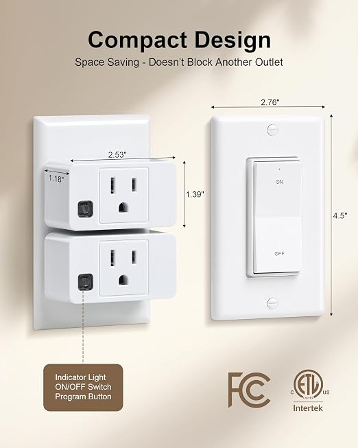 Wireless Remote Control Outlet, Decorator Rocker Wall Switch, 200FT Long Range, Mini Remote Outlet Plug, 15A/1875W High-Power for Lamps, Lights, Household Appliances(2 Switches and 1 Outlet)