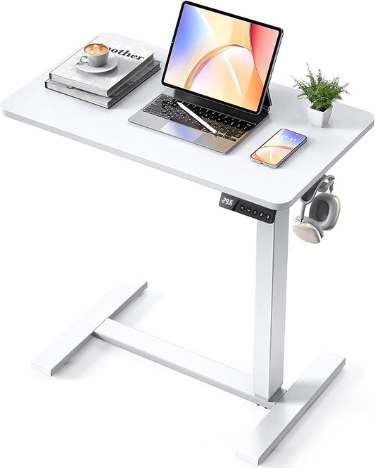 28"x 16" Electric Overbed Table, Rolling Laptop Desk for Bed, White | Height Adjustable Bedside Desk with Hidden Wheels, Mobile Standing Desk for Sofa, Home Office & Hospital Use