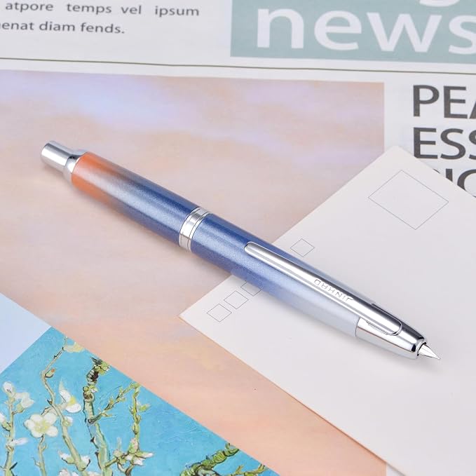 Jinhao 10 Press Fountain Pen with Box, Gradient Dark Blue Retractable Fine Nib with Ink Converter Set (Silver Clip)