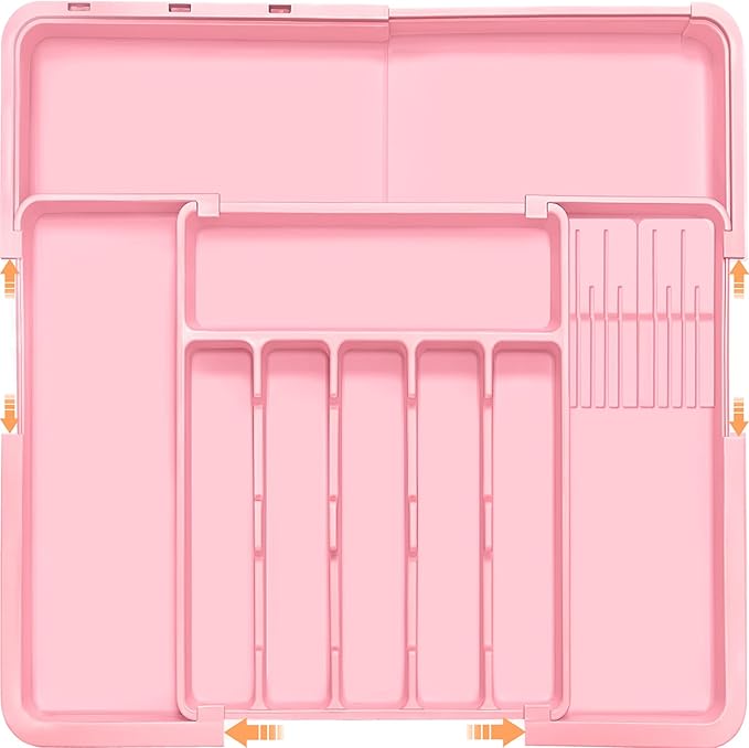 Silverware Organizer - Expandable Large Kitchen Drawer Organizer Utensil Organizer with 2 Knife Block Inserts, 22"x 19"Cutlery Tray with Drawer Dividers for Kitchen Flatware (Pink)