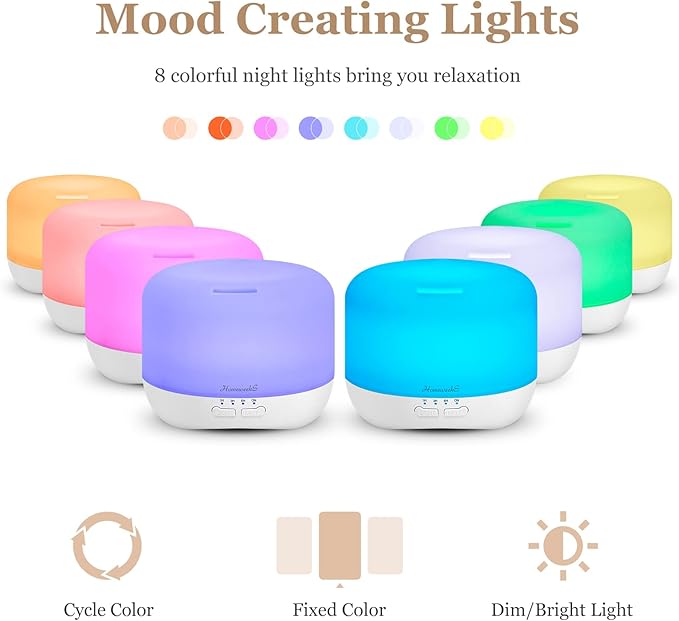 Aromatherapy Essential Oil Diffuser for Room: Air Humidifier Aroma Scent Cool Mist Colorful Lights Cute Small Large Waterless Auto Off Ultrasonic Diffusers for Home Bedroom White (300ml)
