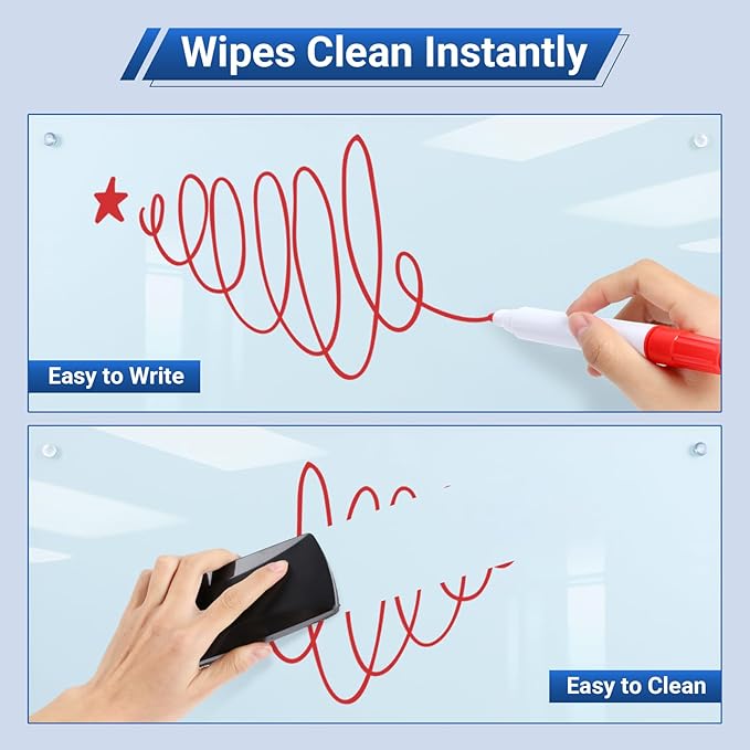 Magnetic Glass White Board 48 x 36, Tempered Frameless Dry Erase Board for Wall, Whiteboard for Office, Home & School