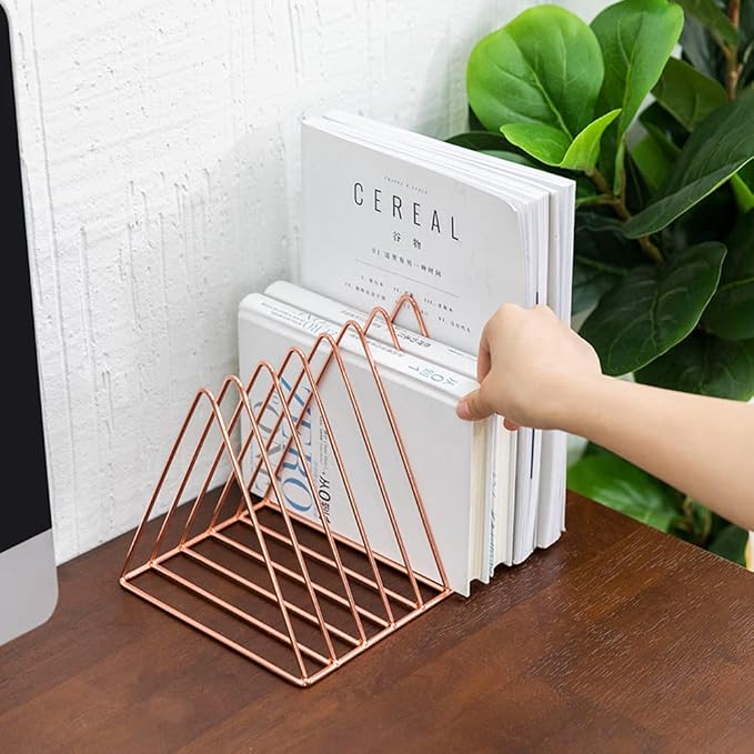 Sooyee 2 Pack Rose Gold Magazine Holder, 9 Slot Desktop File Sorter | Record Holder, Book Album Display Rack, Desktop File Sorter Organizer, Triangle Bookshelf Decor for Home Office