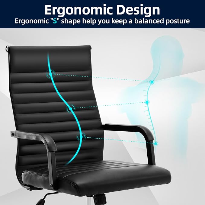 Office Chair, Ergonomic Executive Conference Room Chairs, Ribbed Leather Desk Chair with Lumbar Support, Adjustable Height Mid-Back Swivel Chair with Padded Seat