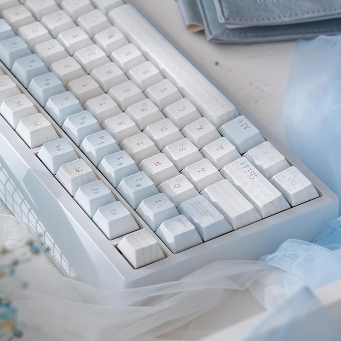 PBT Keycaps, Minimalist Blue Keycaps Set, 136 Keys Cherry Profile Keyboard Caps, Custom Dye-Sublimation Key Cap for 61/64/68/84/87/100/104/108 Cherry MX Mechanical Keyboards (Winter Letter)