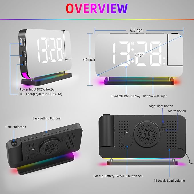 Projection Alarm Clock for Bedroom Ceiling,RGB Digital Clocks Radio with | 10 Colors RGB Night Light,Loud Alarm Clock for Heavy Sleepers,USB C Charger Port,Snooze,12/24H,Auto Dimming