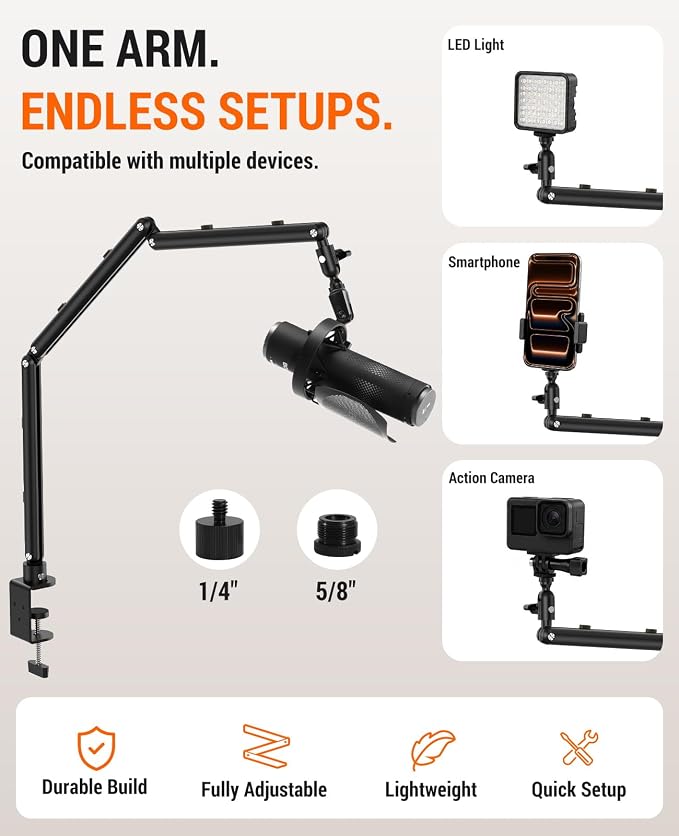 Low Profile Mic Arm for Lightweight Mics, Foldable Boom Arm with Desk Clamp, Mic Clip & 1/4" 3/8" 5/8" Adapters, 360° Metal Ball Head for Podcasting, Streaming & Gaming