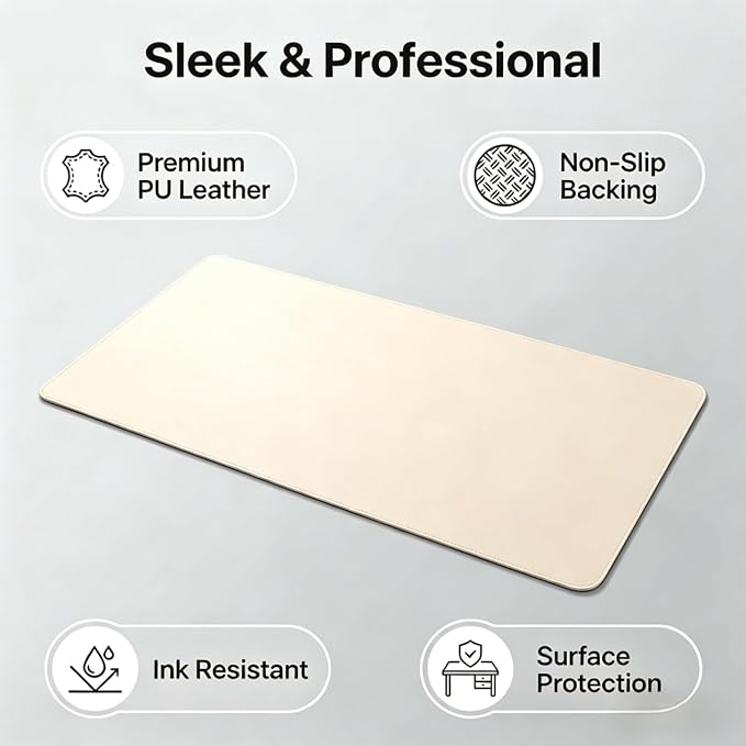 Leather Desk Mat - (Off-White,16''x40'') Non-Slip PU Pad for Office and Home Organization Accessories Ideal Large Mouse Mats on Top of Desks