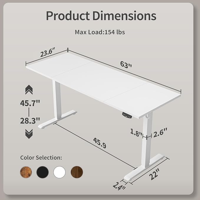Agilestic Electric Standing Desk, 63 x 24 Inches Height Adjustable Desk, Sit Stand up for Work Office Home, Ergonomic Rising Computer Table with Memory Preset, White