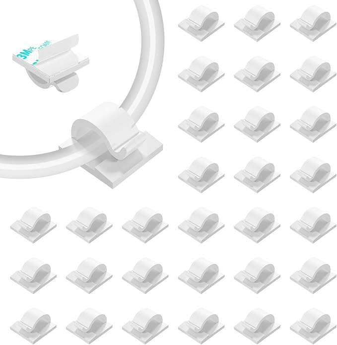 LinkDocs Cable Clips White, Adhesive Cord Clips, Cable Staples Outdoor Cable Management Wire Organizer Cord Holder for Under Desk, Car, Wall, TV PC Ethernet Cable (30 PCS White)
