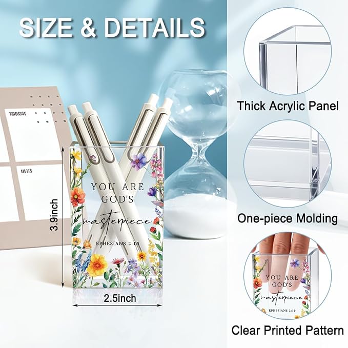 You Are God's Masterpiece Acrylic Pencil Holder Cup for Women Girls | Floral Christian Pen Holder Gifts for Desk, Christian Bible Verses Makeup Brush Organizer for Home Office Desk Accessories