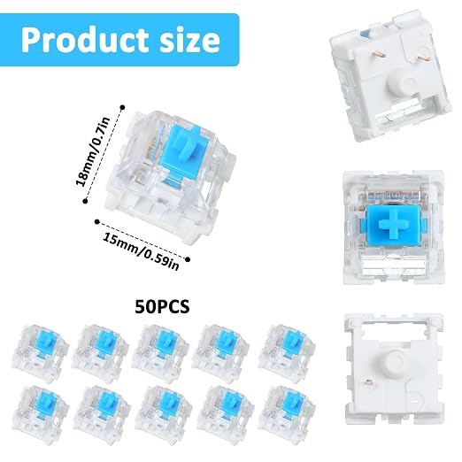 50 Pieces Blue Mechanical Keyboard Switches, 3 Pin Pre-Lubricated Clicky Key Switches, Dustproof and Waterproof Keyboard Accessories for Mechanical Gaming Keyboards