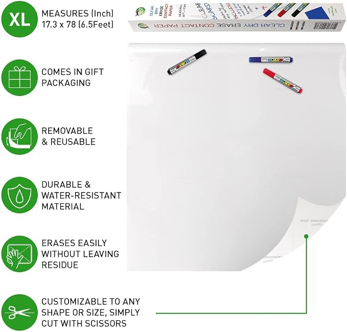 Clear Adhesive Sheets Roll on Wall 18 x 78Inch (6.5 Ft), Includes 3 Dry Erase Markers, Bulletin Board Paper, Clear Adhesive Vinyl Sheets, Transparent Contact Paper, Peel and Stick Film by HA SHI
