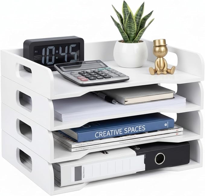 Wooden Stackable Paper Trays 4-Tier Wooden Paper Organizer for Desk Letter Documents Woodens Desktop File Organizers for Desktop File Holder and Office Supplies Rack for Home Office Use(White)