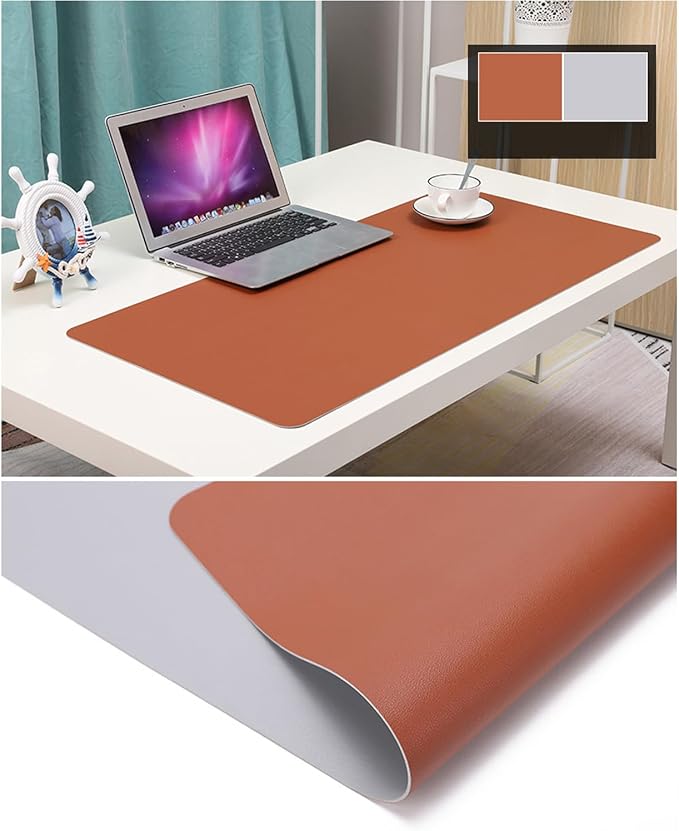 Leather Desk Protector, 1.8mm Thick, Waterproof & Scratch - Resistant Nightstand Cover, for Dining Room, Office, Dresser, Bedside (Brown+Gray, 14x24 Inches)
