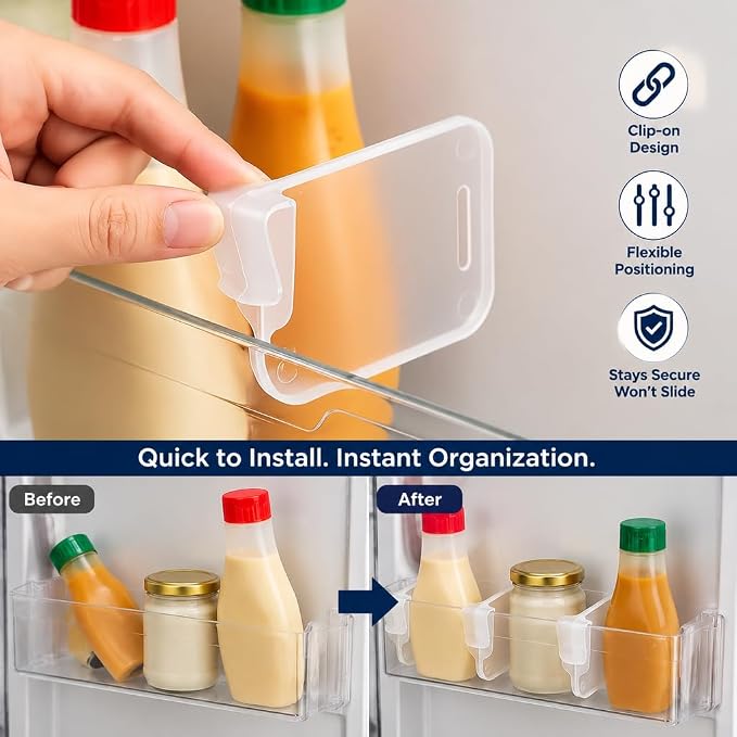 Clear Fridge Door Organizer Clips, 8pcs Adjustable Refrigerator Side Door Divider Set, Thickened Transparent Shelf Separators for Condiments, Bottles, Jars, Space Saving Kitchen Storage
