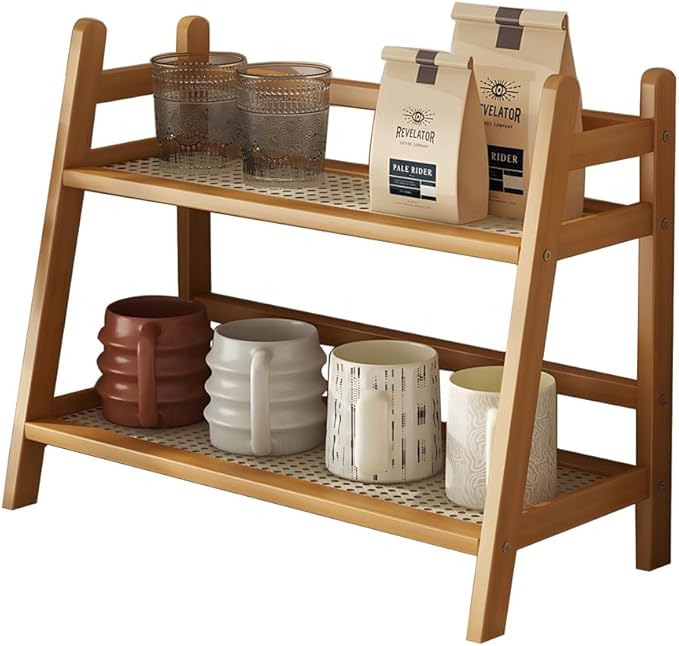Hggzeg Wicker-Look Coffee Station Organizer, Double Layer Desk Organizers, Bamboo Home Coffee Mug Display Rack, Countertop Shelf, for Dormitory, Kitchen, Office (Original Wooden Color)