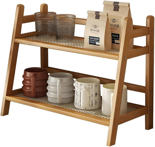 Hggzeg Wicker-Look Coffee Station Organizer, Double Layer Desk Organizers, Bamboo Home Coffee Mug Display Rack, Countertop Shelf, for Dormitory, Kitchen, Office (Original Wooden Color)