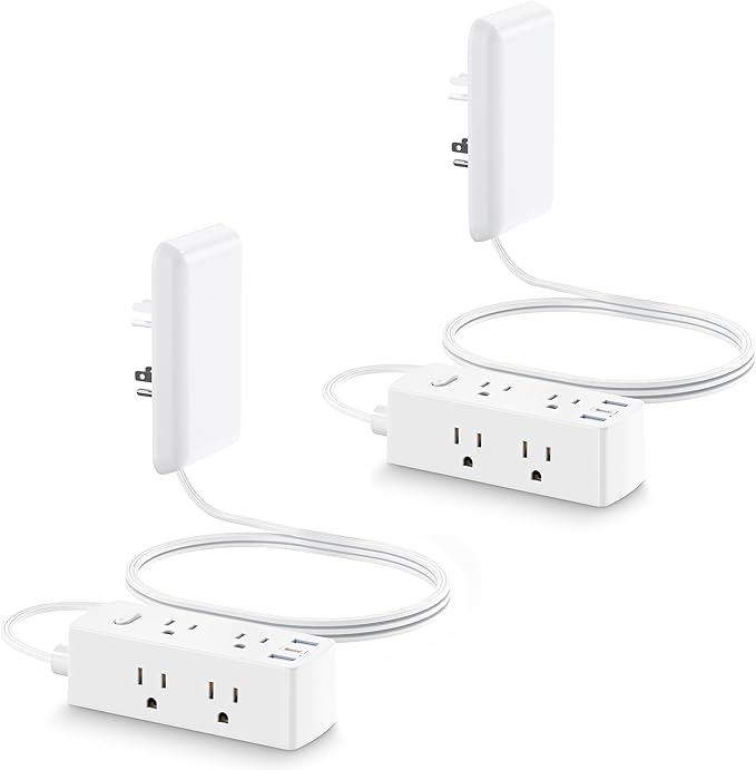 Olcorife Flat Extension Cord with Outlet Cover, Flat Plug Power Strip with 6 Outlets and 3 USB Ports, 5 FT Cord Hidden Outlet Extender for Tight Spaces, Pack of 2