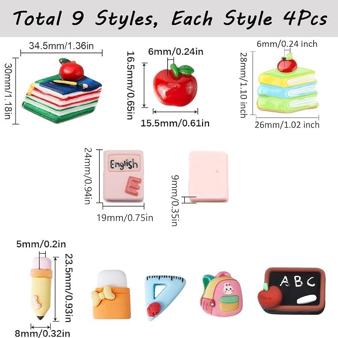 SUNNYCLUE 1 Box 36Pcs 9 Styles Resin Cabochons Teacher's Day Charms Cute Flatback School Study Supplies Mini Ruler Eraser Pencil Notebook Cabochon for Scrapbooking Embellishments DIY Craft Hairpins