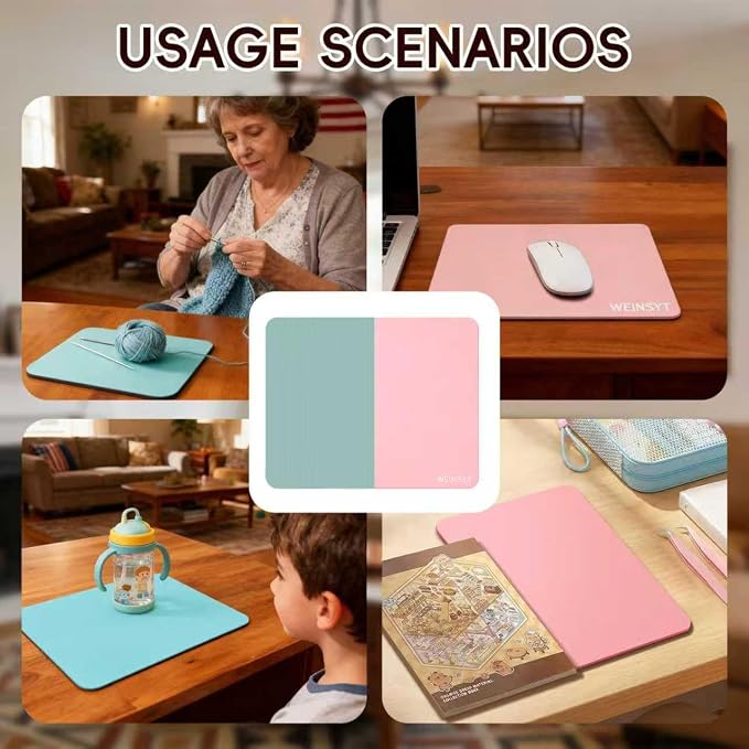 Dual-Sided Desk Protection Mat & Mouse Pad 2-in-1, 10" x 8.3" Waterproof PU Leather Desk Protector for Sticker Crafts, Office & Gaming - Non-Slip Base, Dusty Pink & Baby Blue