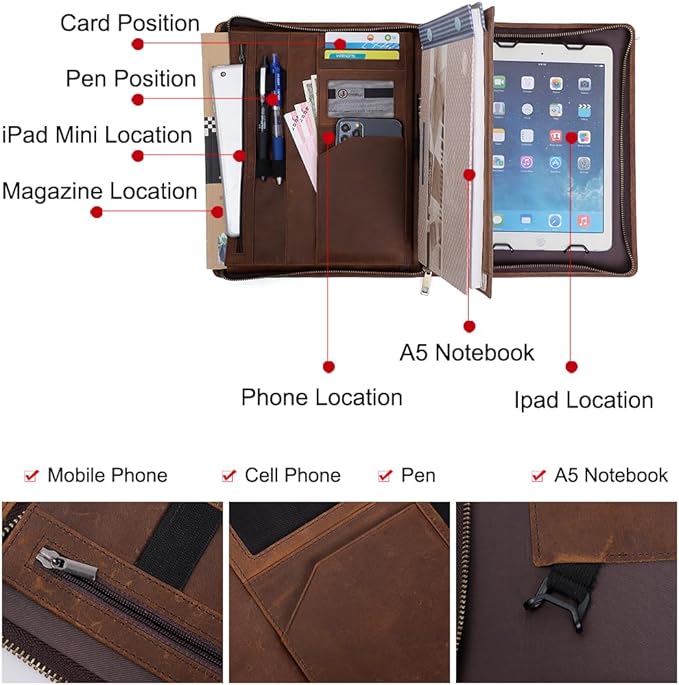 Crazy Horse Leather Portfolio Binder with 3-Zipper, Executive Padfolio Business Organizer & Resume Portfolio with iPad Holder, Legal Pad Portfolio for Men, Meetings, Interviews & Business Travel