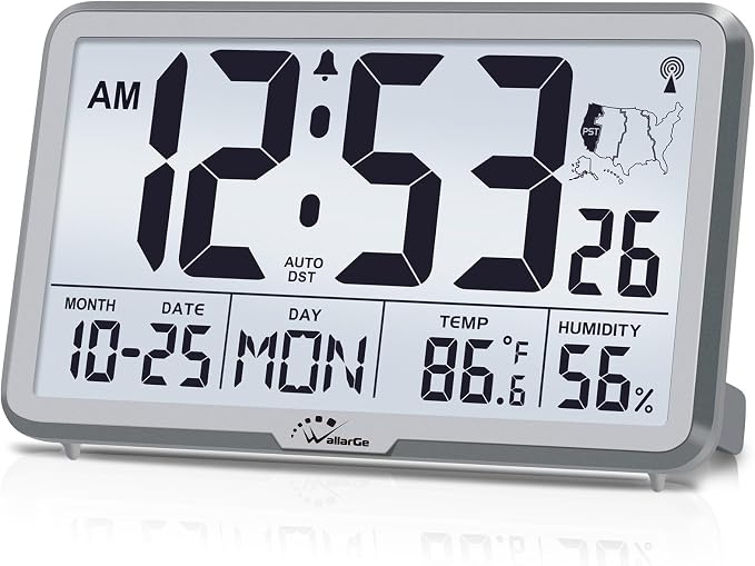 WallarGe Atomic Wall Clock with Backlight, Battery Operated | Large Digital Display, Indoor Temperature, Humidity, Date, AUTO DST, 6 Time Zones