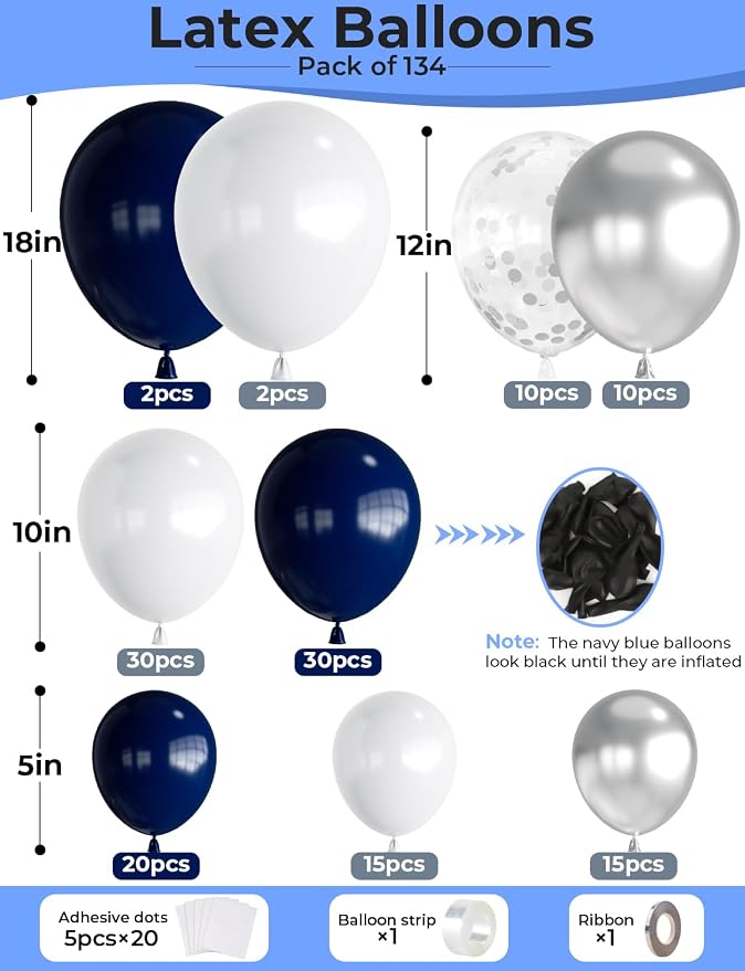 Navy Blue and Silver Balloons Garland Arch Kit, 134 Pcs Father's Day Balloons, White Navy Blue and Silver Balloons with Confetti Latex Balloons for Father Day, Birthday Grad Baby Shower Wedding Decor