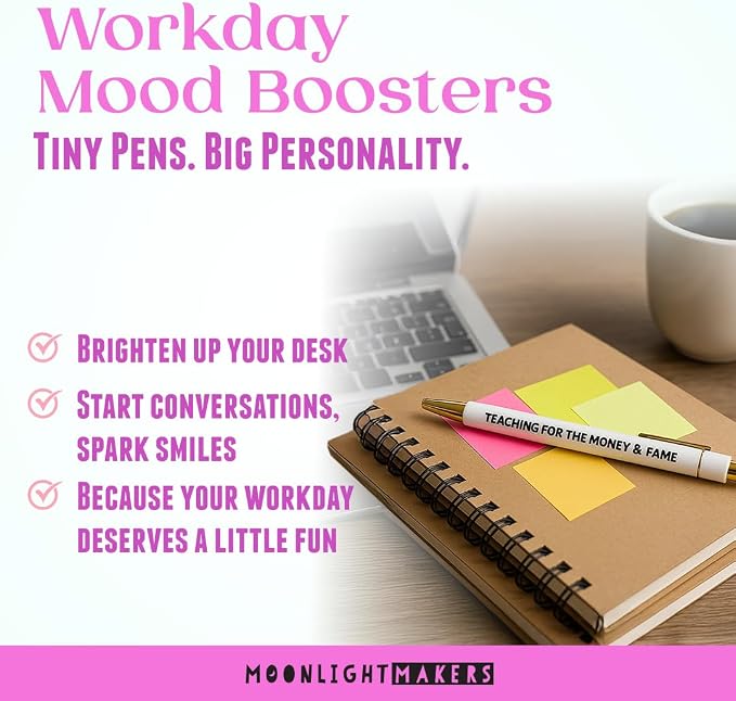 Moonlight Makers - Set of 5 Ballpoint Pens Black Ink - Engraved Funny Pens for Adults - ADHD Girlie Appreciation Adult Gifts - Ideal Desk Decor for Work and Office Desk - Cute Packaging, Handy Clips