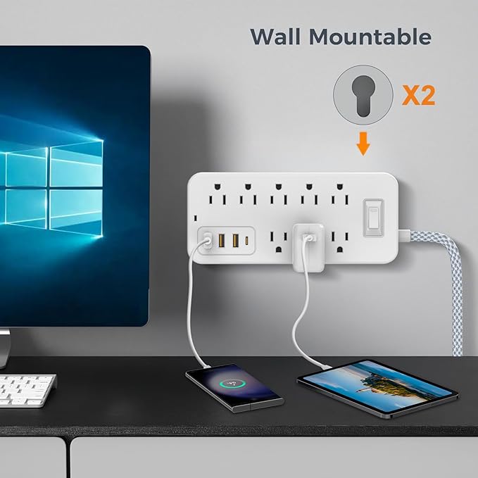 Power Strip Power Bar, Muti-Outlets Ports Desktop Charging Station, Flat Plug Overload Surge Protection Outlet Strip, USB Ports, Extension Cord, Wall Mount, Night Light Station Socket,for Home,Office