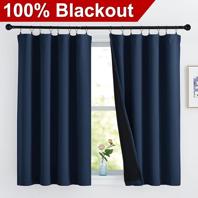 NICETOWN 100% Blackout Curtains with Black Liners, Thermal Insulated 2-Layer Lined Drapes, Energy Efficiency Small Window Draperies for Dining Room (Navy, 2 Panels, 52 inches W by 45 inches L)