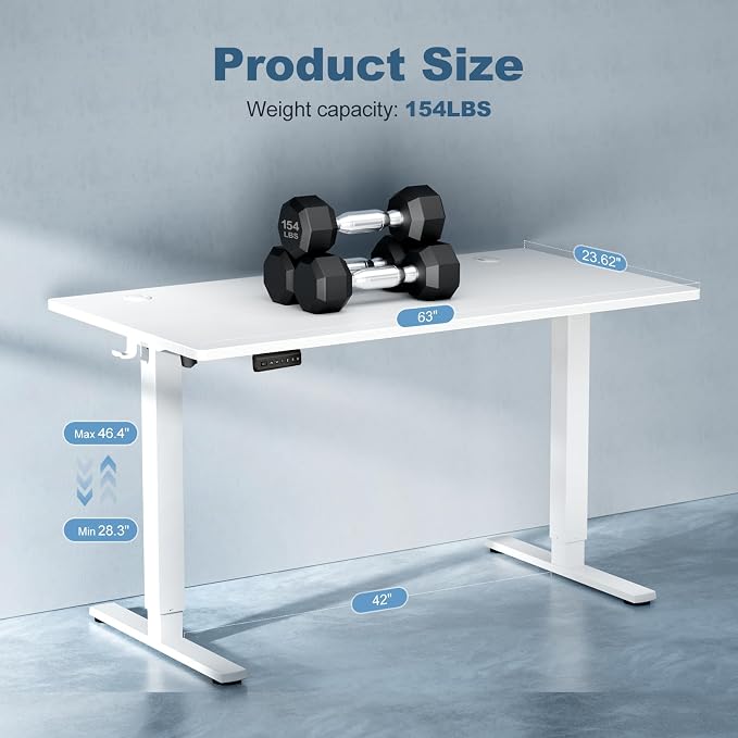 DUMOS 63 Inch Electric Standing Desk Height Adjustable, Sit to Stand Computer Workstations Large Work PC Table Home Office Writing Gaming Desks with Memory Presets for Walking Pad, Bedroom, White