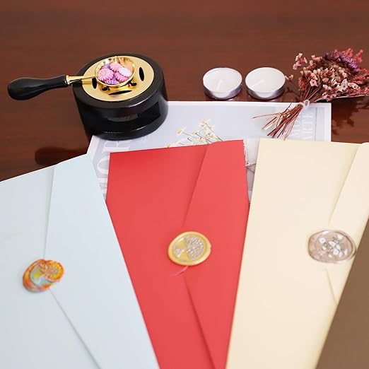 Black Wax Seal Warmer Furnace Kit With Spoon, Stir Stick and Tealight Candles Set for Wedding Envelope Seal Stamp