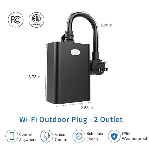 New One Outdoor Smart Plug, 2.4G WiFi Outdoor Outlet with Dual Outlets, Compatible with Alexa, Google Home, Smart Life, Wireless Voice Remote Control, IP65 Waterproof, 125V 15A ETL FCC Certified