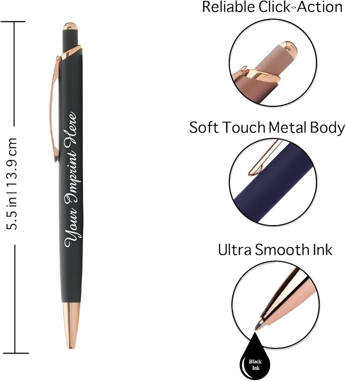 Custom Pens Gift Set - 2 Pack of Majestic Rose Gold Pens - Soft Touch Metal w/gift box - Luxury Ballpoint Pen Personalized Engraved with Name | Perfect for Him or Her (Rose - Black)