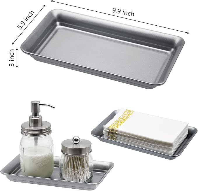 SheeChung Metal Vanity Tray, Bathroom Counter Storage Tray, Grey 2 Pack | Sturdy Decorative Tray Holder, Farmhouse Vintage Decor Accessories for Perfume, Cosmetics, Jewelry, Makeup, Guest Hand Towel