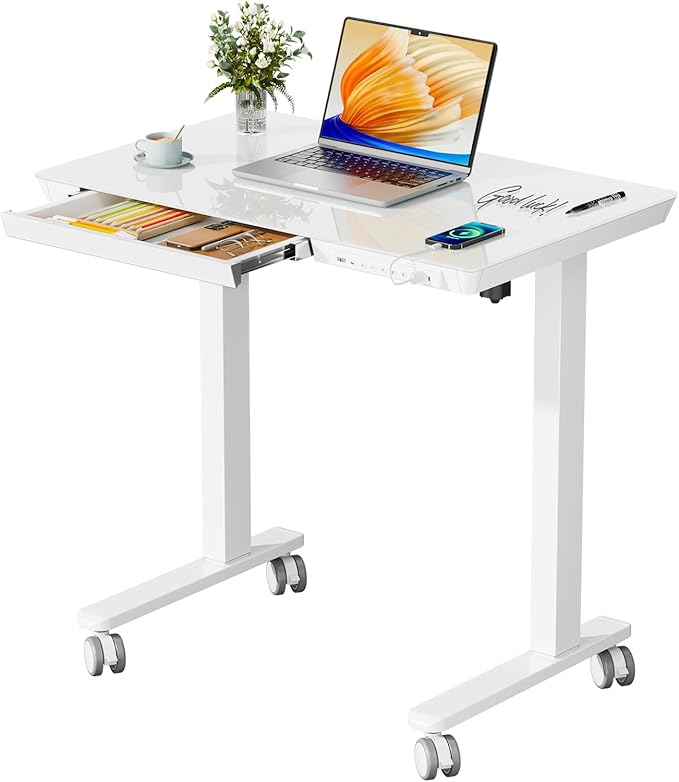 Glass Electric Standing Desk with Drawer, 31.5" x 20" Whole Piece Small Sit Stand Table, Height Adjustable Desk with Storage & USB Ports, Quick Install Home Office Computer Desk, White
