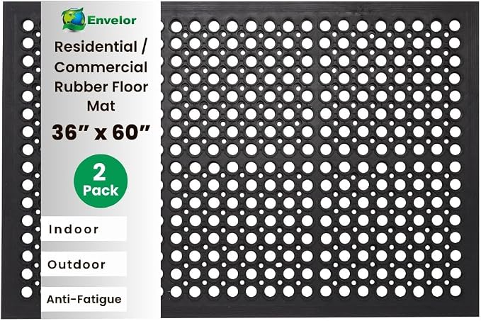 Envelor 2 Pack Anti Fatigue Mats for Kitchen Floor, Rubber Bar Mats, Non Slip Commercial Floor Mat with Drainage Holes, Indoor Outdoor Rubber Mat for Restaurant, Garage, Entryway 36 x 60 in