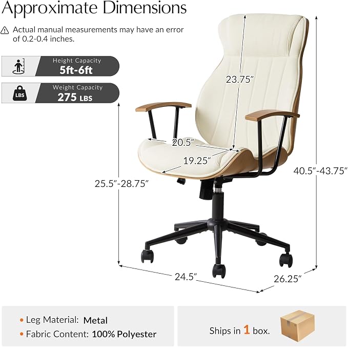 HULALA HOME Solid Wood Office Chair with High Backrest, Ivory | Mid Century Modern Bentwood Desk Chair with Tilt Function, Swivel Fabric Computer Task Chair, Height Adjustable, Metal Base