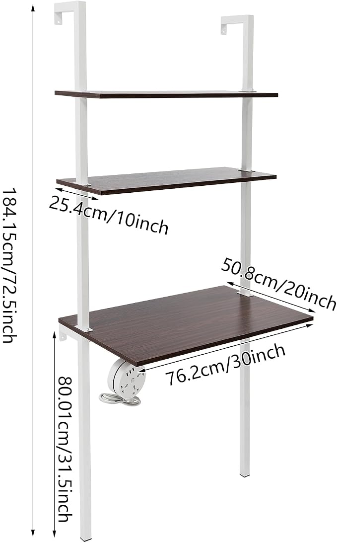 Wall Mount Desk 3 Tiers Wall Table Wall Mount Computer Writing Table Industrial Bookcase Desk Brown and White for Homes Office School