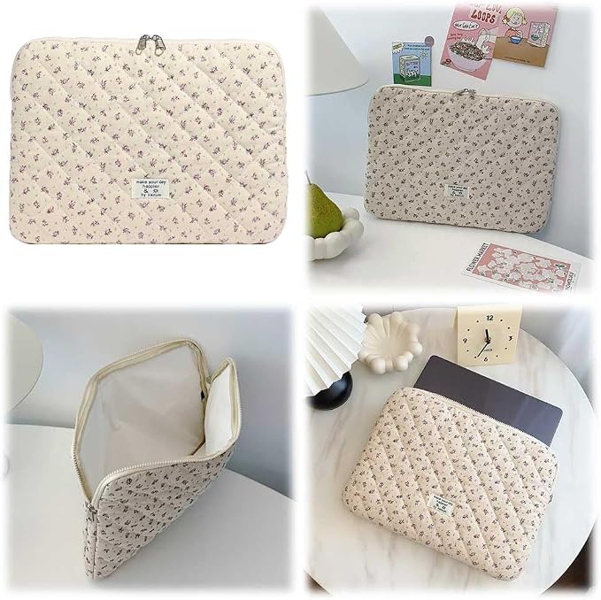 Cute Laptop Sleeve 13-15 inch Laptop Case Aesthetic Quilted Laptop Sleeve Computer Bag with Flower Printing for MacBook (Purple, 13inch)